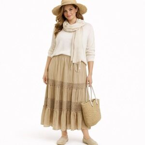 Style & Co Khaki Tan Crochet Lace Tiered Maxi Skirt Size M Boho Coastal Peasant